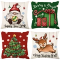 Set di 4 federe per cuscini natalizi in lino con motivi Babbo Natale e renna - 45*45cm (Inserto non incluso) / Gnomi Natalizi e Regali (YMD95-21)