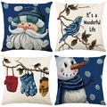 Set di quattro federe per cuscini natalizi in lino con motivi Babbo Natale e pupazzo di neve - 45*45cm (Inserto non incluso) / Babbo Natale con Cappello Blu e Uccello Blu (YMD95-14)