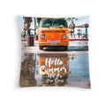 Peach skin square pillow case featuring orange vintage beach van and Hello Summer text - Orange Retro Car Summer Quote (DRD454-21)