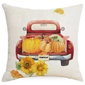 Kissenbezug aus Leinen mit Herbstkürbis Ahornblatt und rotem Vintage LKW Motiv für Sofa - Vintage Roter Truck Mit Kürbis Stil (YMD156-4) / 45*45cm (Kein Inlett)