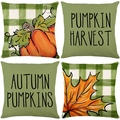 Set of 4 autumn pumpkin throw pillow covers in green and orange with maple leaf designs - Hand Drawn Pumpkin Leaf Green White Plaid (30)