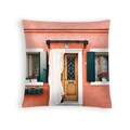 Square peach skin pillowcase with red European building print and floral details - European Architecture Realistic Photo (DRD454-26)
