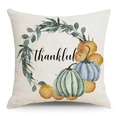 Linen pumpkin throw pillow cover with thankful print for autumn and thanksgiving decor - Cover Only / Thankful Pumpkin Wreath Style (YMD143-3)