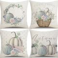 Set of 4 autumn pumpkin and pink floral linen pillow covers for home sofa decoration - Pumpkin Rose Woven Basket (7)