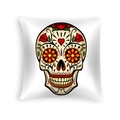 White Halloween sugar skull throw pillow cover with colorful floral rose motifs - Red Rose Heart Skull (DRD459-8)