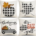 Set of 4 Thanksgiving linen pillow covers with buffalo plaid pumpkin and truck designs - Black White Buffalo Plaid Pumpkin Truck (9)