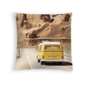 Square peach skin pillowcase featuring a yellow vintage van on a desert road with red rocks - Retro Van Desert Photography (DRD454-32)