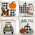 Set of four autumn themed decorative pillow covers with buffalo plaid and pumpkin designs - Orange Black Buffalo Plaid Pumpkin Leaf (11)