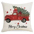 Linen Christmas pillow case featuring a red vintage truck and trees on a beige background - Vintage Truck Christmas Tree Style (YMD162-2) / Standard Spec