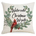 Christmas linen pillow cover featuring a watercolor wreath and a red cardinal bird - Christmas Wreath Red Cardinal Style (YMD162-3) / Standard Spec