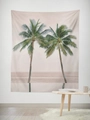 Tropical palm tree wall tapestry with pink sunset sky and calm sea reflections - Gt45-7 / 95*73 (brushed Fabric)