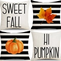 Set of 4 autumn pillow covers with pumpkin and maple leaf prints for home decor - Black White Horizontal Stripe Pumpkin Leaf (14)