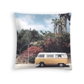 Square peach skin pillowcase featuring a vintage orange and white van in beach setting - Retro Van And Flowers Photography (DRD454-36)
