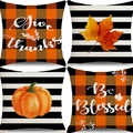 Set of four Thanksgiving pillow covers with pumpkins and autumn leaves designs - Thanksgiving Blessings Stripe Plaid (15)