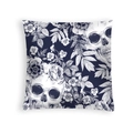Square Halloween pillow cover with gothic skull and floral pattern on dark blue fabric - Dark Blue White Line Illustration (DRD459-17)