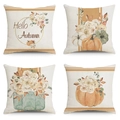 Set of four autumn pumpkin and floral linen pillow covers with Hello Autumn text - Watercolor Pumpkin Rose Withered Leaf (19)