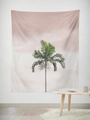 Minimalist summer beach tapestry featuring a green palm tree against a soft pink sky - Gt45-16 / 95*73 (brushed Fabric)