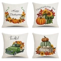 Set of four Thanksgiving pillow covers with pumpkins and vintage truck on linen fabric - Thanksgiving Sunflower Green Truck (21)