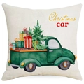 Green vintage Christmas car pillow case with tree and gifts on white background - 45cmx45cm / Vintage Truck with Christmas Tree Style (YMD153-3)
