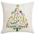 Christmas tree pillow cover with Joy text, green leaves and red berries on beige fabric - 45cmx45cm / Berry Joy Christmas Tree Style (YMD153-4)