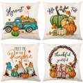 Set of four autumn harvest cushion covers featuring pumpkins and gnomes on linen texture - Autumn Gnomes Pickup Pumpkin (23)
