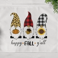 Fall themed table mat featuring three gnomes and Happy Fall y'all text on wood background - Happy Fall Gnomes (CD11-4)