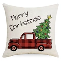 Linen Christmas pillow case with Buffalo Plaid truck and decorated tree on white background - Off White-Vintage Truck (YMD157-2) / 45x45cm