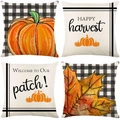 Set of four autumn pumpkin and maple leaf pillow covers with black and white plaid - Plaid Pumpkin Harvest Blessings (28)