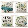 Set of four blue pumpkin and vintage truck fall decorative linen pillow covers - Blue Vintage Pickup Pumpkin Leaf (31)