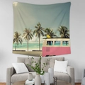 Tropical beach tapestry featuring pink vintage van and palm trees over a grey sofa - Gt45-36 / 95*73 (brushed Fabric)