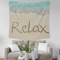 Coastal beach landscape tapestry with Relax text hanging above a living room sofa - Gt45-37 / 95*73 (brushed Fabric)