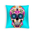 Halloween Day of the Dead cushion cover with colorful skull print on teal background - Cyan Blue Background Color Skull (DRD459-34)