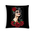 Day of the Dead sugar skull female portrait with red roses on black cushion cover - Day of Dead Woman Illustration (DRD459-36)
