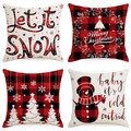Set di quattro federe natalizie in lino con quadri rossi, pupazzo di neve e alberi invernali - 45*45cm (Inserto non incluso) / Pupazzo di Neve a Quadri Rosso e Nero (YMD95-26)