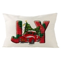 Detail of Christmas JOY pillow cover featuring red vintage truck and linen texture - 30x50cm (Cover Only) / JOY Plaid Red Truck (YMD171-30) / Off White