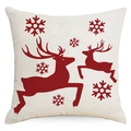 Christmas linen pillowcase with red reindeer silhouettes and snowflakes on beige fabric - 45x45cm / Reindeer Silhouette Pattern (YMD168-4)