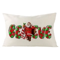 Detail of linen Christmas lumbar pillow cover featuring BELIEVE text and Santa Claus - 30x50cm (Cover Only) / BELIEVE Santa Claus (YMD171-27) / Off White