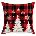 Rote Weihnachtskissenhülle im Karomuster mit weißen Motiven von Bäumen und Flocken - 45*45cm (Kein Inlett) / Weihnachtsbaum-Karomuster-Druck (YMD169-1)