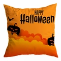 Detail of Happy Halloween pillowcase featuring pumpkin silhouettes and spider web prints - 45x45cm / Gradient Double Pumpkin Heads (DRD295-37)