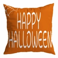 Detail of a bright orange peach skin pillowcase with a white Happy Halloween spiderweb print - 45x45cm / Orange Background White Text Web (DRD295-32)