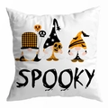 Detail of Halloween pillowcase with gnome prints and Spooky text on white fabric - 45x45cm / Three Gnomes SPOOKY (DRD295-31)