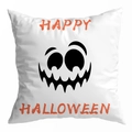 Halloween-Kissenbezug mit Happy Halloween Text und Geistergesicht auf weißem Stoff - 45x45cm / Schwarzer Monster-Ausdruck (DRD295-4)