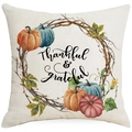 Herbst Kissenbezug aus Leinen mit Kürbiskranz und Thankful & Grateful Schriftzug - 45x45cm / Kranz Text Stil (YMD180-3)