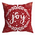 Detail eines roten Weihnachtskissenbezugs mit Joy-Schriftzug, Nikolausmütze und Schneeflocken - joy Weihnachtsmütze Druck (DRD294-7) / 45*45cm (Kein Inlett)