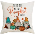 Herbst Kissenbezug aus Leinen mit Gnom Kürbis und Sonnenblume für Erntedank Deko - 45x45cm / Wichtel Kürbis Stil (YMD180-4)