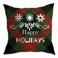 Dettaglio del tessuto scozzese rosso e verde con scritta bianca Happy Holidays sul cuscino - Happy HOLIDAYS Fiocco di Neve (DRD296-19)