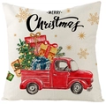 Fodera per cuscino natalizio con camion rosso e albero su tessuto di lino beige - 45x45CM Senza Interno / Stile Camion con Albero di Natale (YMD175-4)
