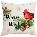 Federa natalizia con cardinale rosso e testo Warm Winter Wishes su tessuto di lino - 45x45CM Senza Interno / Stile Cardinale Agrifoglio (YMD175-3)