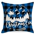 Blue buffalo plaid Christmas pillowcase featuring Santa silhouette and pine tree forest - Blue Black Plaid - Sleigh Reindeer (YMD173-2) / 45x45cm