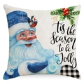 Blue plaid Santa Claus Christmas pillow cover with festive bird and pine branch motifs - Off-white - Santa Illustration (YMD173-4) / 45x45cm